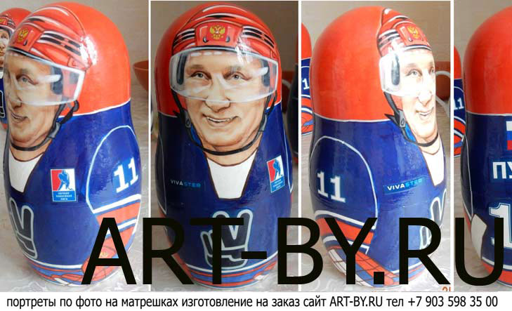 президент Путин на матрешке портрет по фото в форме хоккеиста хоккейного клуба Ночная Лига Хоккея