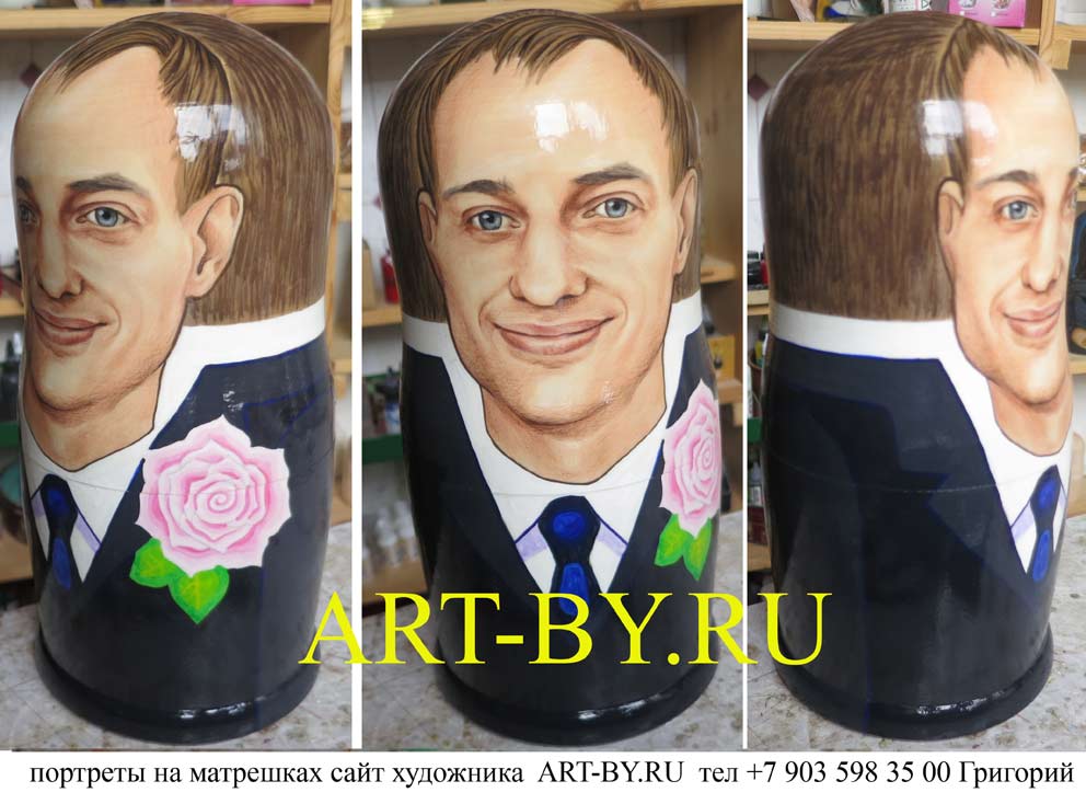 оригинальный памятный подарок мужу на деревянную свадьбу 5 лет портрет на матрешке в свадебном костюме Москва