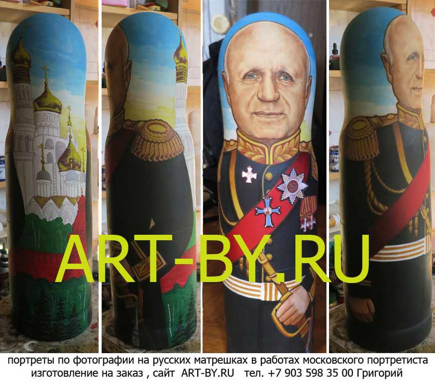 штоф подарочный на заказ, портреты по фотографии изготовленные московским портретистом на деревянных штофах матрешках для бутылок подарочного алкоголя изготовление на заказ